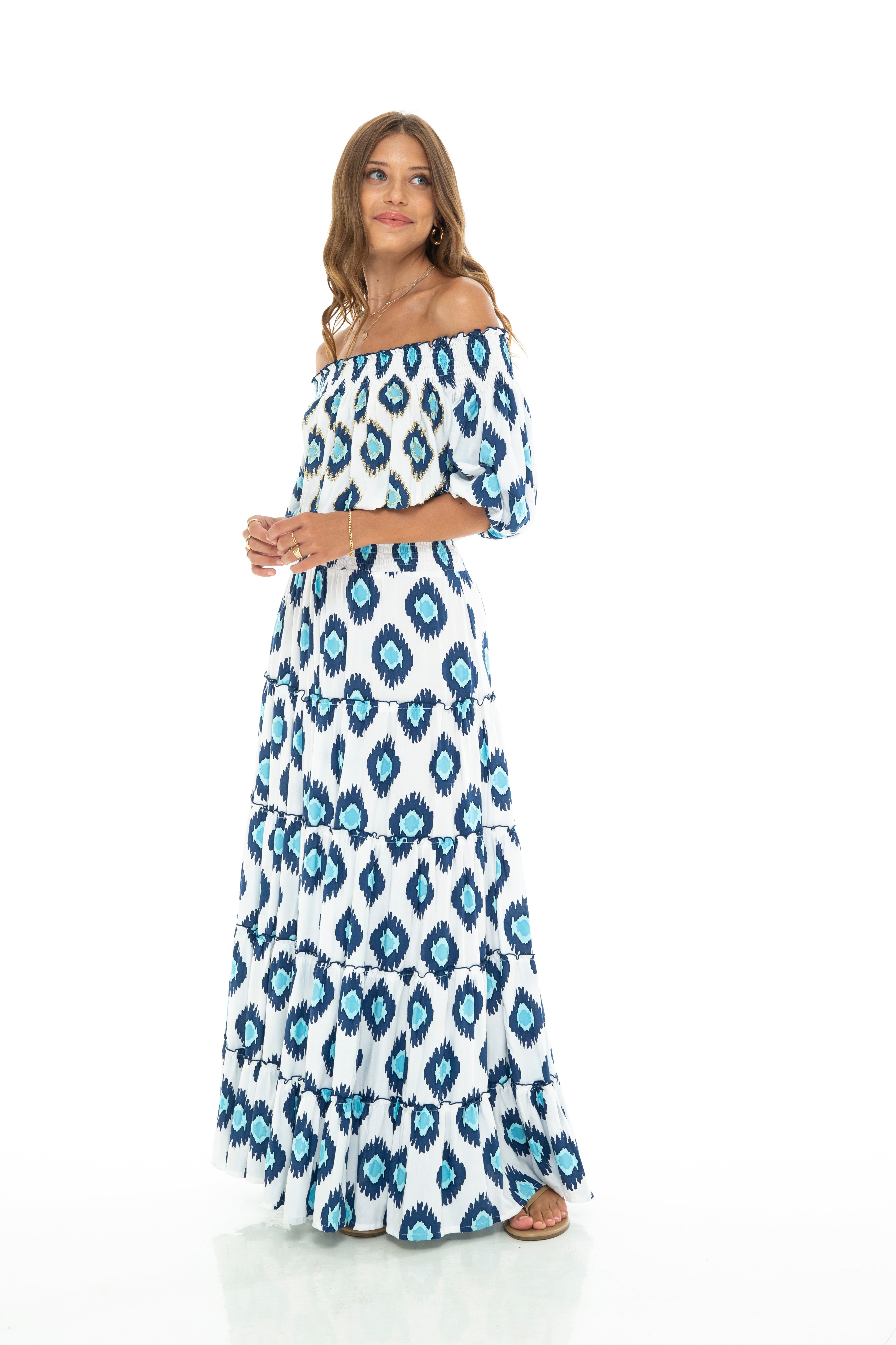 IKAT DYE ALOHA LONG DRESS BLUE