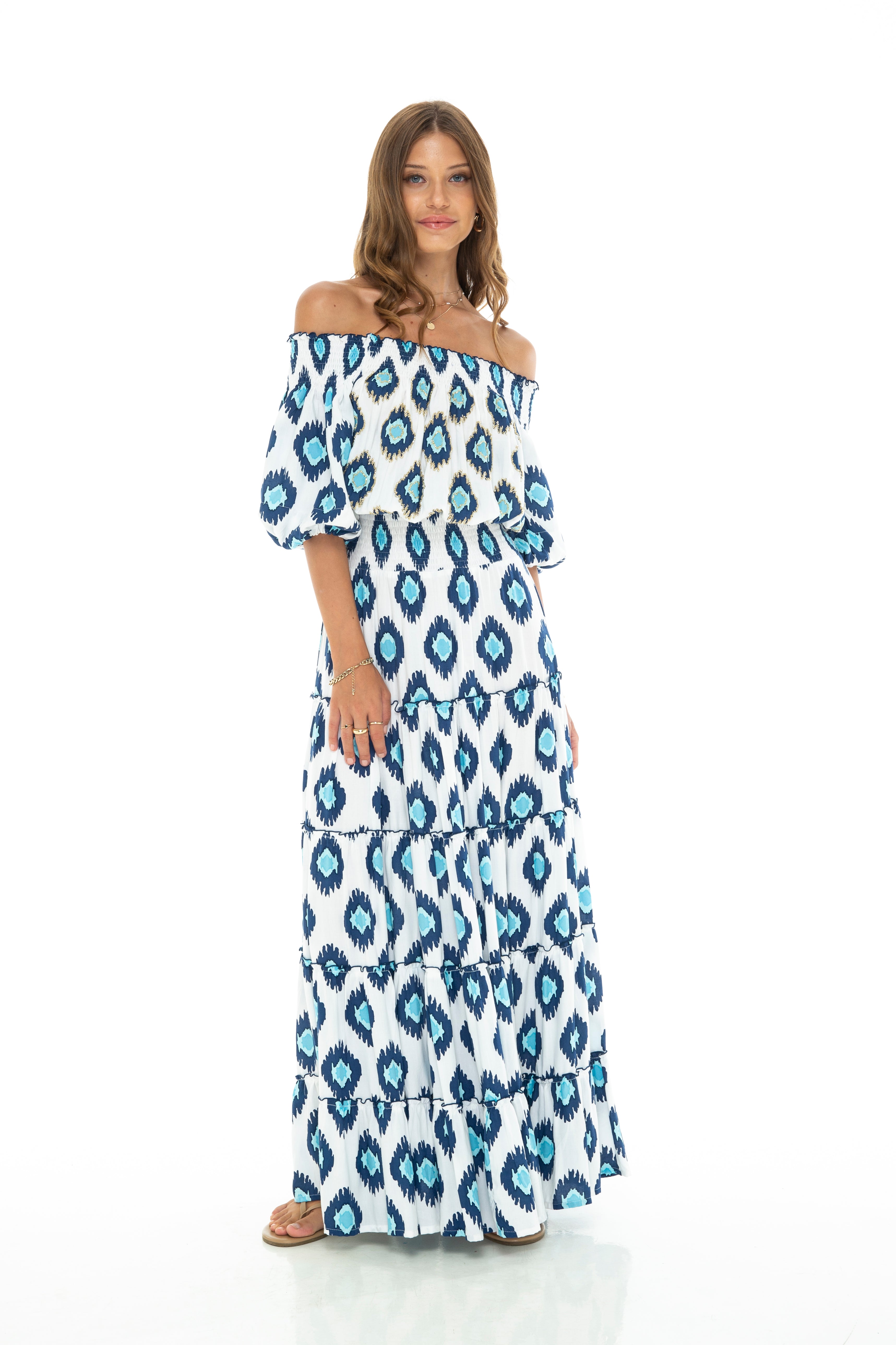 IKAT DYE ALOHA LONG DRESS BLUE